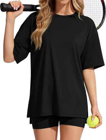 Womens 2 Piece Outfits Athletic Sets Summer Side Slit Longline Top High Waisted Biker Shorts Gym Workout Clothes in Kuwait