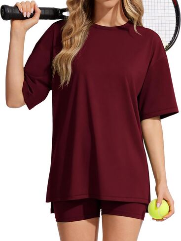 Womens 2 Piece Outfits Athletic Sets Summer Side Slit Longline Top High Waisted Biker Shorts Gym Workout Clothes in Kuwait