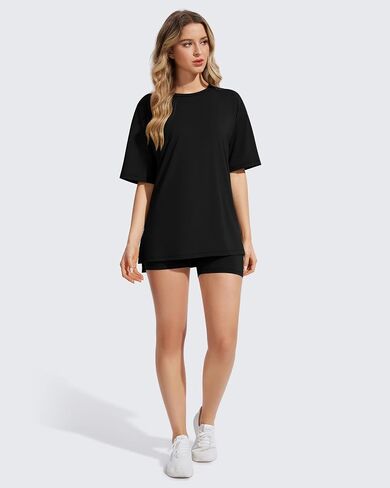 Womens 2 Piece Outfits Athletic Sets Summer Side Slit Longline Top High Waisted Biker Shorts Gym Workout Clothes in Kuwait