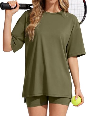 Womens 2 Piece Outfits Athletic Sets Summer Side Slit Longline Top High Waisted Biker Shorts Gym Workout Clothes in Kuwait