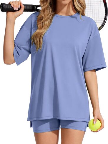 Womens 2 Piece Outfits Athletic Sets Summer Side Slit Longline Top High Waisted Biker Shorts Gym Workout Clothes in Kuwait
