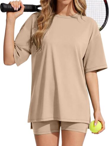 Womens 2 Piece Outfits Athletic Sets Summer Side Slit Longline Top High Waisted Biker Shorts Gym Workout Clothes in Kuwait