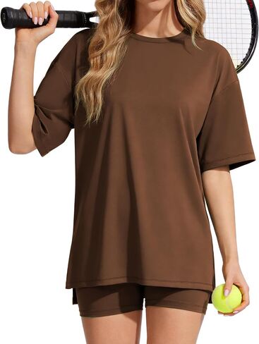 Womens 2 Piece Outfits Athletic Sets Summer Side Slit Longline Top High Waisted Biker Shorts Gym Workout Clothes in Kuwait