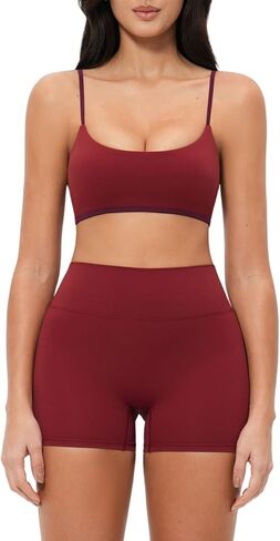 Women 2 Piece Workout Set Color Block Adjustable Spaghetti Strap Sports Bra Tummy Control Active Shorts Yoga Outfits in Saudi Arabia