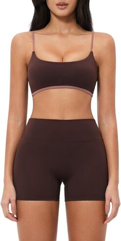 Women 2 Piece Workout Set Color Block Adjustable Spaghetti Strap Sports Bra Tummy Control Active Shorts Yoga Outfits in Saudi Arabia
