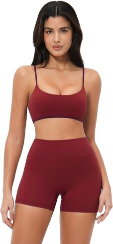 Women 2 Piece Workout Set Color Block Adjustable Spaghetti Strap Sports Bra Tummy Control Active Shorts Yoga Outfits in Saudi Arabia