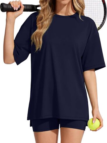 Womens 2 Piece Outfits Athletic Sets Summer Side Slit Longline Top High Waisted Biker Shorts Gym Workout Clothes in Kuwait