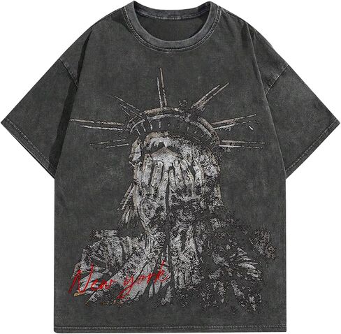 Graphic Tees Men Acid Washed Y2K Gothic Vintage Oversized Streetwear Cotton Short Sleeve T-Shirt Tops in Saudi Arabia