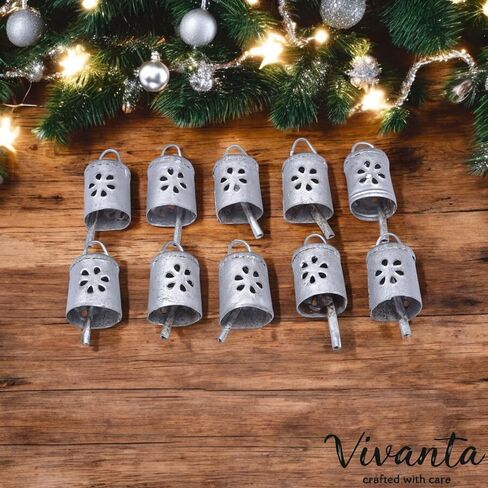 Set of 10 Handmade Silver Bells Rustic Metal Decorative Bells, Mini Cowbells, Antique Hanging Ornaments for Christmas, Vintage Bell for DIY Craft and Wind Chimes Making, Jingle Bell Farmhouse Decor in Saudi Arabia