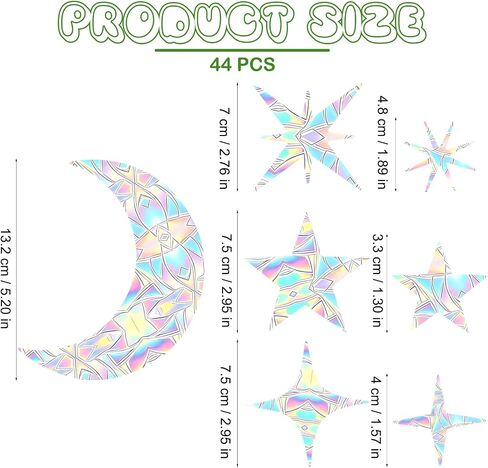 44Pcs Star Moon Static Window Clings Non Adhesive Prismatic Vinyl Rainbow Stickers Anti Collision Bird Strike Decals for Home Glass Doors Windows Iridescent in Saudi Arabia