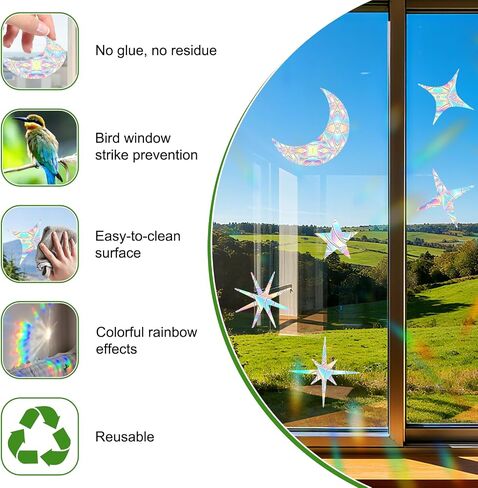 44Pcs Star Moon Static Window Clings Non Adhesive Prismatic Vinyl Rainbow Stickers Anti Collision Bird Strike Decals for Home Glass Doors Windows Iridescent in Saudi Arabia