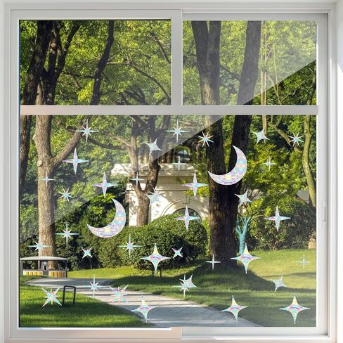 44Pcs Star Moon Static Window Clings Non Adhesive Prismatic Vinyl Rainbow Stickers Anti Collision Bird Strike Decals for Home Glass Doors Windows Iridescent in Saudi Arabia