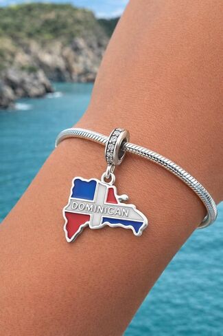 Dominican Republic Map Charm for Charm Bracelet, 925 Sterling Silver with Flag Enamel, Dangle Bead Compatible with Pandora & European Charm Bracelets in Saudi Arabia