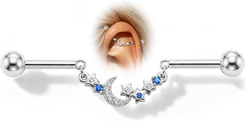 COCHARM 14g Moon and Star Chain Industrial Piercing Jewelry, 38mm Dangle Industrial Earring Cute Surgical Steel Industrial Barbell for Women in Kuwait
