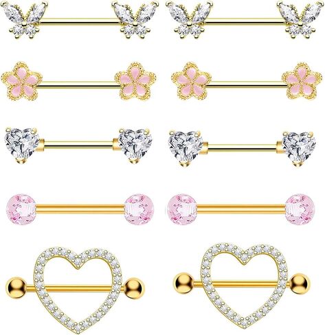 Gold Nipple Piercing Jewelry Surgical Stainless Steel Pink 14G Nipple Rings for Women Cute Heart Cherry Butterfly Hypoallergenic Nipple Piercing Barbell in Saudi Arabia