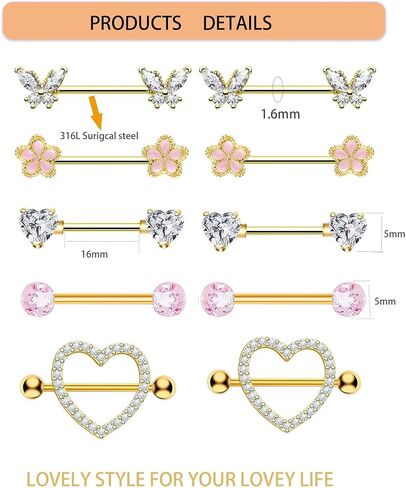 Gold Nipple Piercing Jewelry Surgical Stainless Steel Pink 14G Nipple Rings for Women Cute Heart Cherry Butterfly Hypoallergenic Nipple Piercing Barbell in Saudi Arabia