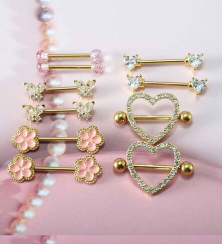 Gold Nipple Piercing Jewelry Surgical Stainless Steel Pink 14G Nipple Rings for Women Cute Heart Cherry Butterfly Hypoallergenic Nipple Piercing Barbell in Saudi Arabia