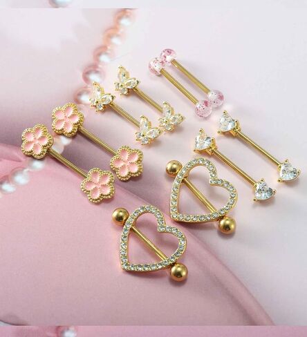 Gold Nipple Piercing Jewelry Surgical Stainless Steel Pink 14G Nipple Rings for Women Cute Heart Cherry Butterfly Hypoallergenic Nipple Piercing Barbell in Saudi Arabia
