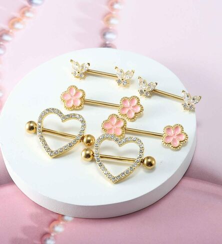 Gold Nipple Piercing Jewelry Surgical Stainless Steel Pink 14G Nipple Rings for Women Cute Heart Cherry Butterfly Hypoallergenic Nipple Piercing Barbell in Saudi Arabia