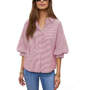 Women's Striped Button Down Shirt 3/4 Puff Sleeve Collared V Neck Loose Blouse for Casual Office Daily Wear in Saudi Arabia
