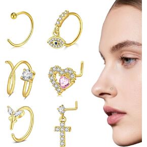 AceFun Gold Silver Nose Ring Studs 20G Nose Rings Hoops Stud Stainless Steel Star Nose Rings Round CZ Heart Butterfly L Shaped Nose Stud Hypoallergenic Nostril Piercing Jewelry for Women Men 9Pcs in Saudi Arabia