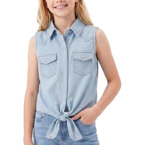 Spring&Gege Girls Denim Western Pearl Snap Shirt Sleeveless Cowgirl Tie Knot Crop Button Down Shirt Wrinkle Free Blouse Top in Kuwait