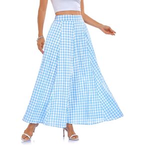 Womens Summer Maxi Skirts Plaid Gingham Long Skirt A Line Pleated Flared Casual Vacation Outfits with Pockets in Saudi Arabia