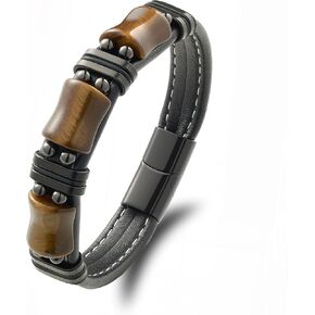 Men's Braided Leather Bracelet with Natural Tiger Eye Stone Handmade Multilayer Woven Wristband with Stainless Steel Clasp Jewelry Gift for Him ﻿ in Saudi Arabia
