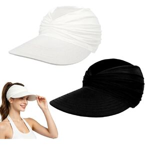 2PCS Women’s Wide Brim Sun Visor Hat, UPF 50+ UV Protection Lightweight Foldable Ponytail Hat for Summer Beach Golf Outdoor Black and White in Kuwait