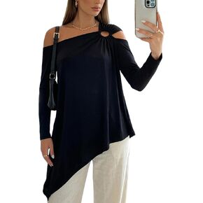 UOOZEE Women's Off Shoulder Long Sleeve Tunic Tops One Shoulder Asymmetrical Hem Shirts Loose Going Out Tops Blouses in Saudi Arabia
