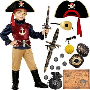 G.C Kids Pirate Costume 19-Piece Set for Boys Girls Age 3-10, Complete Halloween Birthday Party Outfit in Kuwait