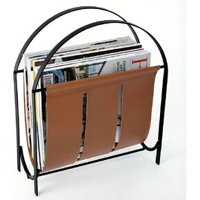MyGift Black Metal and Caramel Brown Leatherette Magazine Rack – Tabletop or Floor Standing Sling Basket for Magazines, Newspapers, and Books in Kuwait