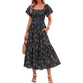 Women's Summer Midi Dress Short Sleeve Square Neck Off Shoulder Ruffle Elastic High Waist Vacation Dress with Pockets in Saudi Arabia