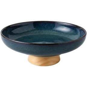 Ceramic Fruit Bowl for Kitchen Counter 10 Inch Decorative Bowl with Wood Base, Large Pedestal Bowl for Keys, Modern Key Bowl for Entryway Table Blue in Saudi Arabia