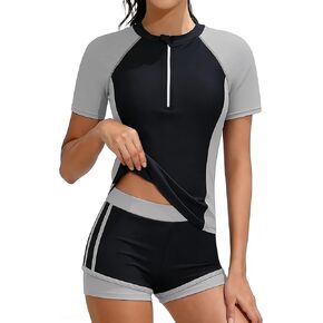 Girls Rash Guard Swimsuit 2 Piece Half-Zip Short Sleeve Color Block Bathing Suit with Swim Shorts Girls' Swimwear 7-16Y in Saudi Arabia