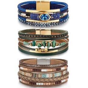 LOWNOUR Boho Bracelets for Women 3pcs Leather Bracelet for Women Western Jewlery Leopard Multi-Layer Crystal Beads Stone Leather Cuff Wrap Bracelets in Saudi Arabia