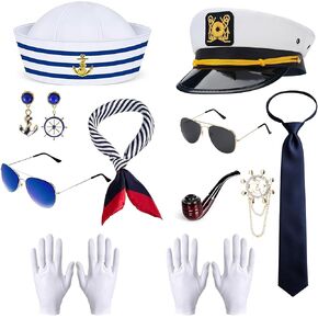11 Pcs/2 Set Nautical Captain and Sailor Cosplay Outfit, Yacht Captain Cap, Sailor Ship Cap, Scarf, Sunglasses, Badge, Gloves, Earrings, Halloween Sailor Costume Accessories for Women Men Dress Up in Saudi Arabia