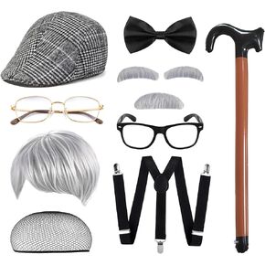 Old Men Costume Set Grandpa Accessories Fedora Hat Wig Moustache Suspenser Inflatable Walking Cane Cosplay Roaring 1920s Outfits for Men Grey in Kuwait