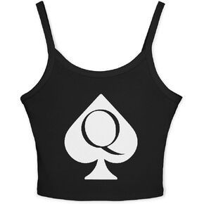 قميص بدون أكمام Queen of Spades، قميص QOS Cami، مزيج من القطن، حزام سباغيتي، مناسب، متوسط ​​الطول in Kuwait