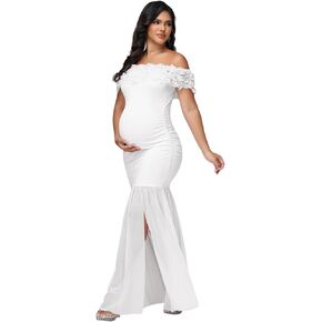 Maternity Floral Off Shoulder Maxi Baby Shower Dress for Photoshoot Chiffon Paneled Rouched Split Party Long Gown in Kuwait