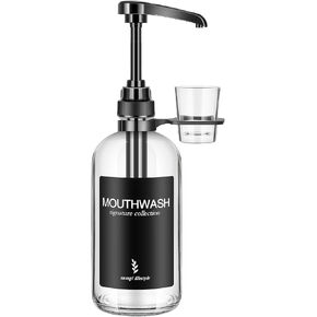 Clear Glass Mouthwash Dispenser with Black Cup Holder and Pump, 16 Oz Rustic Boho Mouthwash Dispenser for Bathroom Farmhouse Decor - 1 Pack in Kuwait