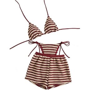 Verdusa Women's 3 Piece Striped Halter String Bikini Sets Triangle Swimsuit with Cover Up Shorts in Saudi Arabia
