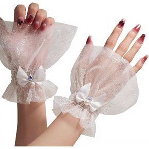 Glitter Tulle Fingerless Wrist Cuffs with Bow, White Sheer Mesh Ruffled Short Gloves, Pearl Rhinestone, Bridal Wedding Prom Cosplay Lolita, 1 Pair in Saudi Arabia
