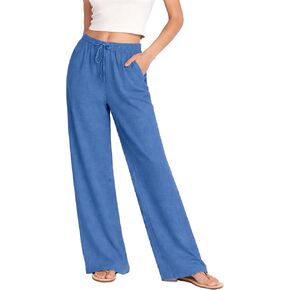 Wide Leg Linen Pants for Women & 2026 Summer High Waisted Palazzo Style, Cotton Pants, Women Linen Pants Casual Loose Fit Indigo in Kuwait