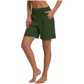 Womens High Waisted 7'' Bermuda Athletic Shorts | Elastic Waistband, Wide Leg, Pocket, Stretch Comfort, Quick Dry, Lightweight Breathable, Casual Athletic Gym Yoga Workout in Kuwait