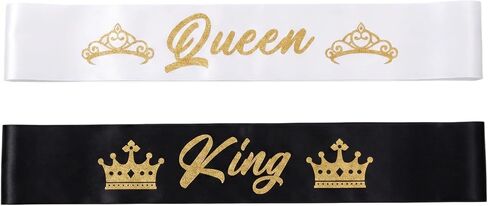 2 Pack Black and White King and Queen Sashes Set for Women Men, Satin Sashes with Gold Glitter Print, Party Decoration Accessories for Prom Wedding Birthday Halloween Graduation Costume in Saudi Arabia
