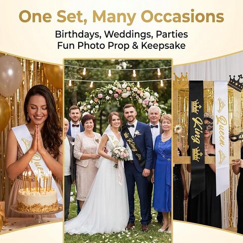 2 Pack Black and White King and Queen Sashes Set for Women Men, Satin Sashes with Gold Glitter Print, Party Decoration Accessories for Prom Wedding Birthday Halloween Graduation Costume in Saudi Arabia