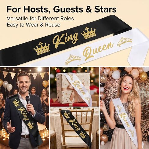 2 Pack Black and White King and Queen Sashes Set for Women Men, Satin Sashes with Gold Glitter Print, Party Decoration Accessories for Prom Wedding Birthday Halloween Graduation Costume in Saudi Arabia