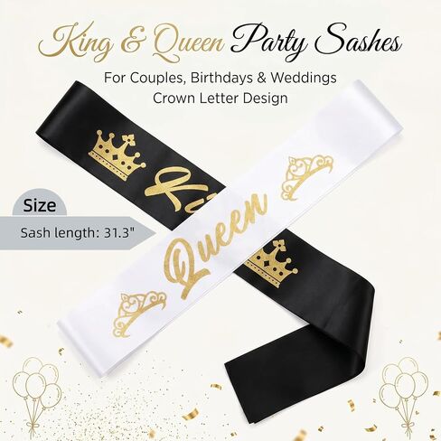 2 Pack Black and White King and Queen Sashes Set for Women Men, Satin Sashes with Gold Glitter Print, Party Decoration Accessories for Prom Wedding Birthday Halloween Graduation Costume in Saudi Arabia