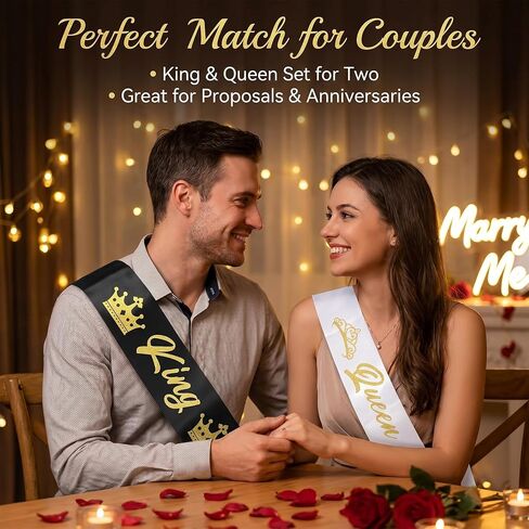 2 Pack Black and White King and Queen Sashes Set for Women Men, Satin Sashes with Gold Glitter Print, Party Decoration Accessories for Prom Wedding Birthday Halloween Graduation Costume in Saudi Arabia